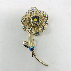 Sarah Coventry Signed Brooch Red Blue Rhinestones